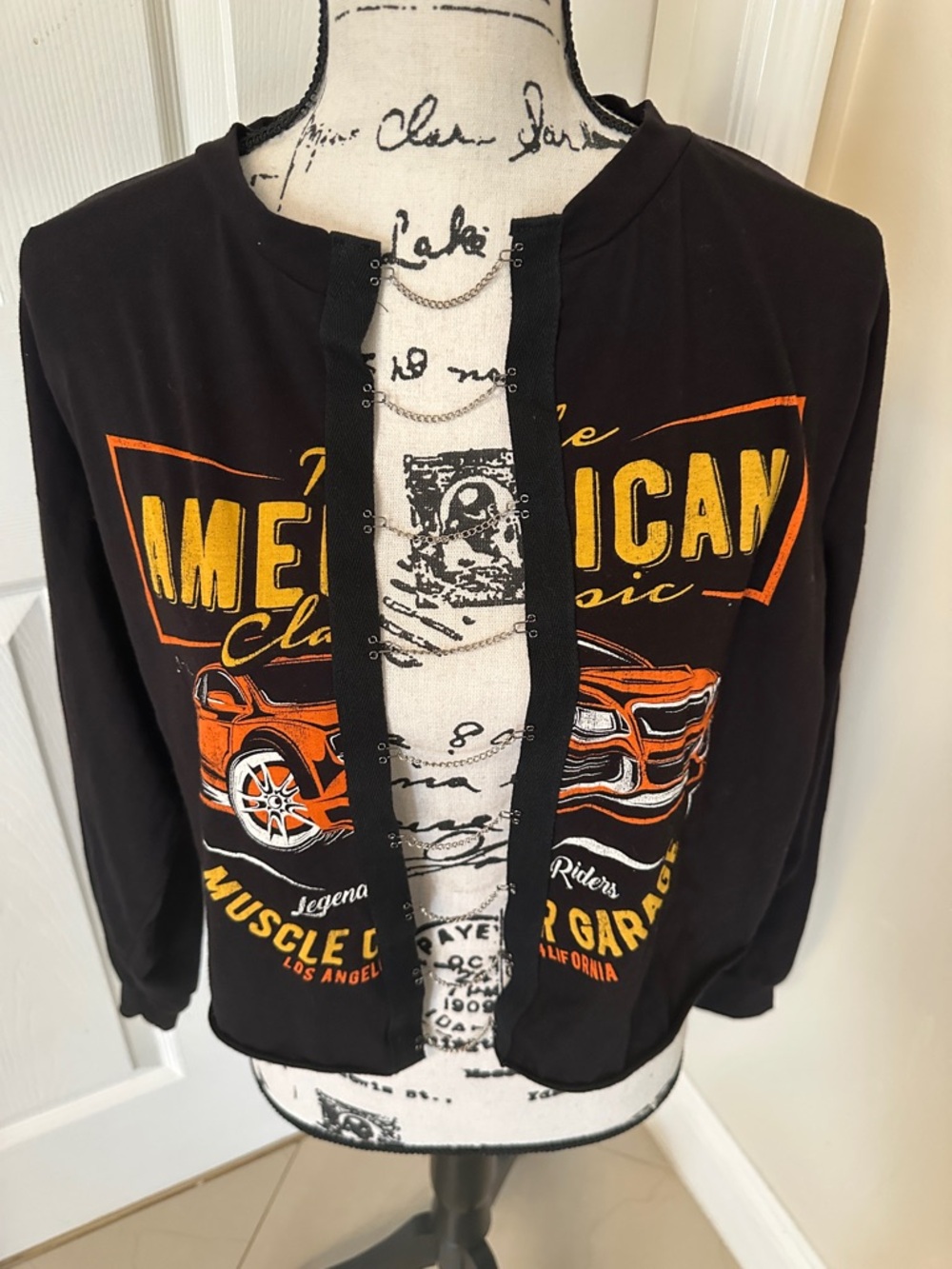 Black Graphic Open Chained Front Top with Orange & Yellow Car Print